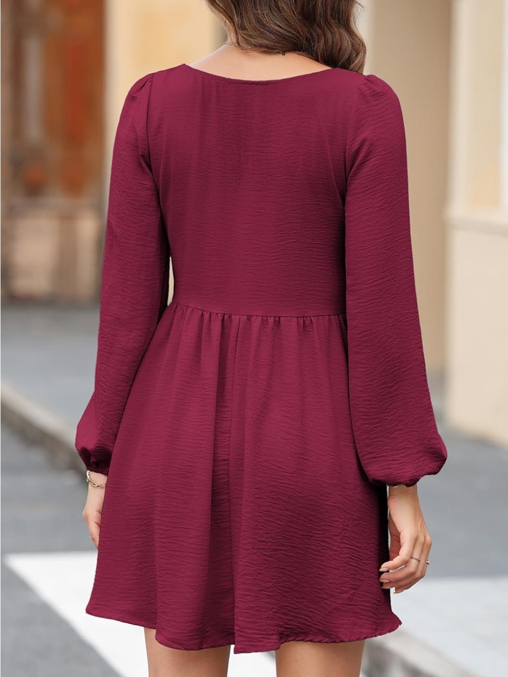 5/$25 Women's Smocked Yoke Long Sleeve Dress - Burgundy - Picture 3 of 3